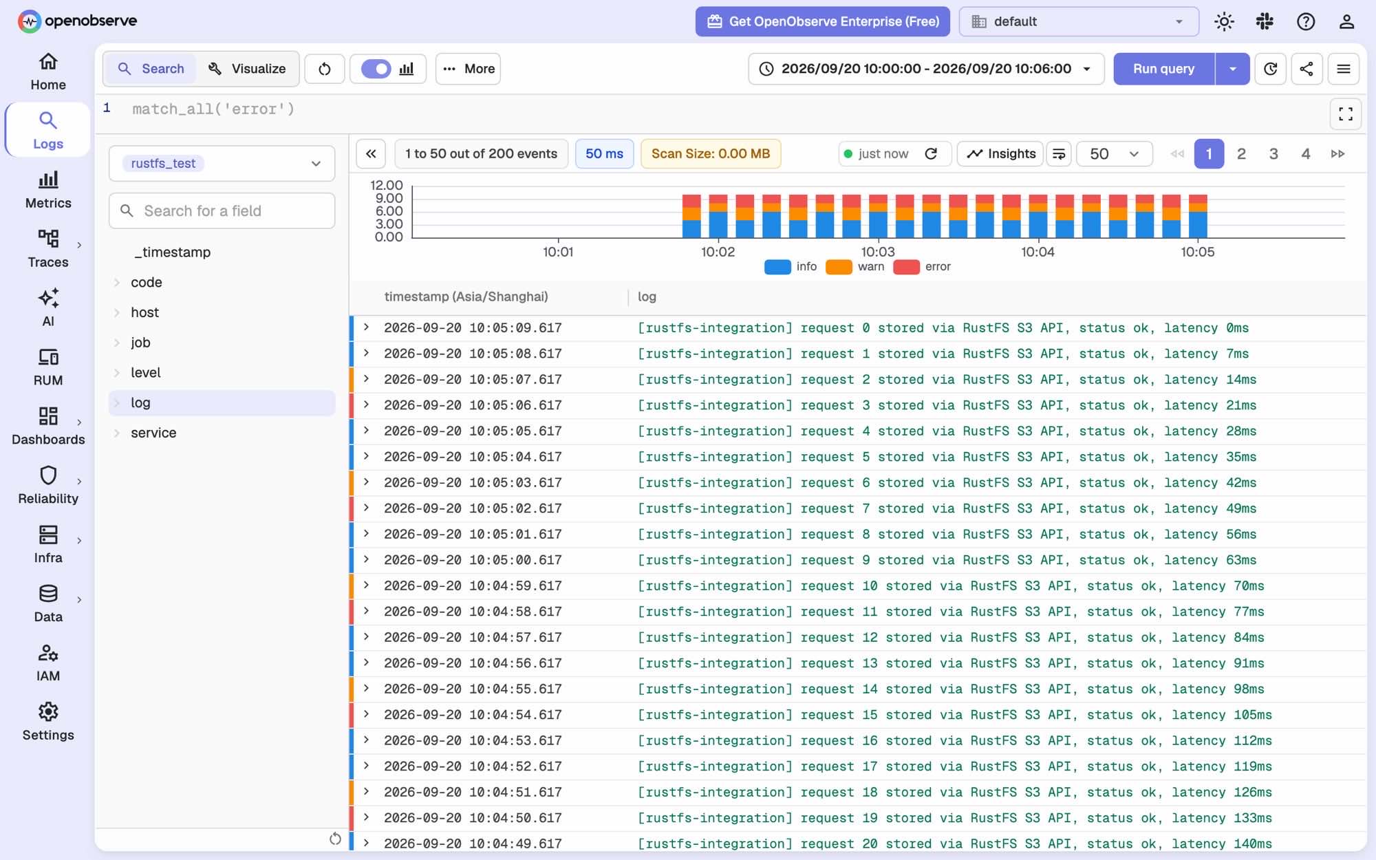 OpenObserve log search returning the ingested records